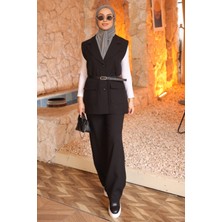 İmaj Butik Siyah Çift Cepli Kemerli Yelek Pantolonlu Takım