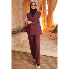 İmaj Butik Bordo Çift Cepli Kemerli Yelek Pantolonlu Takım