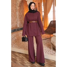 İmaj Butik Bordo Kemerli Ceket Pantolonlu Takım