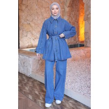 İmaj Butik Mavi Kuşaklı Ceket Pantolonlu Kot Takım