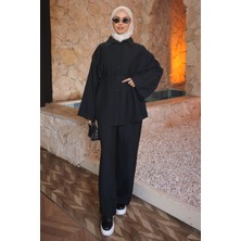 İmaj Butik Siyah Bel Bağlamalı Tunik Pantolonlu Modal Takım