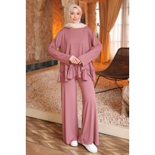 İmaj Butik Gül Kurusu Eteği Fırfırlı Tunik Pantolonlu Modal Takım