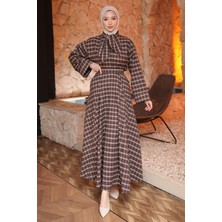 İmaj Butik Kahverengi Ekose Yaka Detaylı Gömlek Etekli Takım