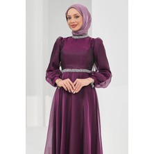 İmaj Butik Mor Yaka Bel Taşlı Balon Kol Abiye