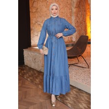 İmaj Butik Mavi Bel Bağlamalı Eteği Katlı Kot Elbise