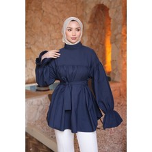 İmaj Butik Lacivert Büzgü Detaylı Balon Kol Kuşaklı Tunik