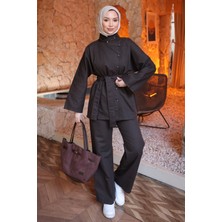 İmaj Butik Kahverengi Kuşaklı Ceket Pantolonlu Gabardin Takım