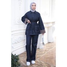 İmaj Butik Lacivert Kuşaklı Ceket Pantolonlu Kot Takım