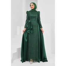İmaj Butik Zümrüt Yeşili Kuyruklu Boncuk Işlemeli Saten Abiye
