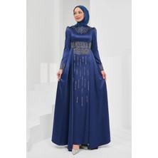 İmaj Butik Lacivert Önü Taşlı Saten Abiye