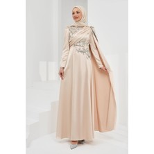 İmaj Butik Bej Omuz Pelerrinli Taşlı Saten Abiye