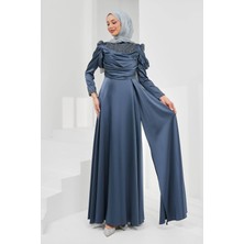 İmaj Butik Füme Önü Drapeli Taşlı Saten Abiye