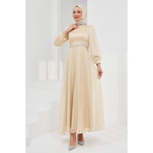 İmaj Butik Bej Yaka Bel Taşlı Balon Kol Abiye