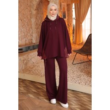 İmaj Butik Mürdüm Garnili Kapüşonlu Tunik Pantolonlu Takım