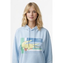 Lacoste Kadın Relaxed Fit Kapüşonlu Baskılı Açık Mavi Sweatshirt