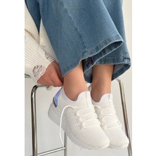 Zerenyus Weor Premium Beyaz Triko Bağcıklı Kadın Dolgu Topuklu Sneaker
