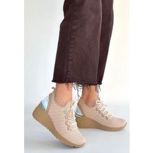 Zerenyus Weor Premium Bej Triko Bağcıklı Kadın Dolgu Topuklu Sneaker