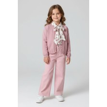 Eray Kids Kız Çocuk Buklet Hırkalı Çiçekli Bluz Geniş Paça Pantolon 3’lü Bayramlık Kombin Takım
