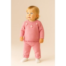 Eray Kids Kız Bebek Pamuklu Tüylenme Yapmayan Çiçek Detaylı Örme Triko Alt - Üst Takım (6-9-12-18 Aylık)