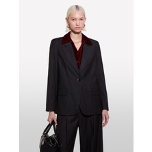 Sisley Yün Karışımlı Tek Düğmeli Ince Çizgili Ceket Kadın Siyah Baskılı  - 324A2C3DLW02J