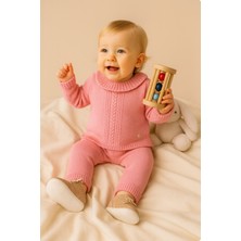 Eray Kids Kız Bebek Pamuklu Tüylenme Yapmayan Fırfırlı Yaka Detaylı Örme Triko Alt - Üst Takım (6-18 Aylık)