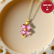 Muun Store Pembe Kalp Kesim Taşlı Yonca Detaylı Gold Renk Çelik Kolye – Sevgililer Günü Için Şık ve Anlamlı Hediye