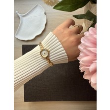 Rubsey Retro Minimal Boncuk Kordon Vintage Kadın Kol Saati Altın Renkli Metal Kasa Suya Dayanıklı