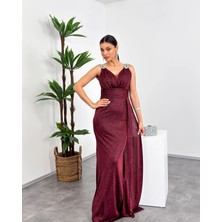 Mialora Kruvaze Yaka Omuz Boncuk Detaylı Püsküllü Maxi Kadın Elbise