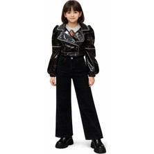 İrem Çocuk Giyim Kız Çocuk Parlak Rugan Ceket Uzun Kol Tişört Kot Pantolon Üçlü Siyah Renk Takım