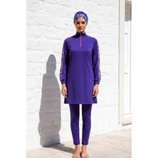 Marina Tesettür Mayo Tam Kapalı Saks Desenli Likralı 3’lü Set M2228