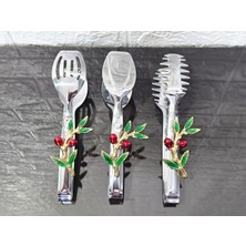 Atabey Home Gümüş Servis Maşa Seti 3'lü Kırmızı Zeytin Makarna/pasta/yemek/sunum Maşası