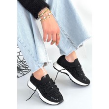 Zerenyus Ceas Siyah Triko Taşlı Bağcıklı Kadın Spor Ayakkabı