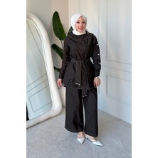 Tesettür Diyarı Imera Çıtçıtlı Kuşaklı Denim Kumaş Tesettür Takım- Acı Kahve