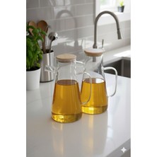 Lumindra 2 Adet 900ML Bambu Kapaklı Vakumlu Borosilikat Yağdanlık 900+900 ml