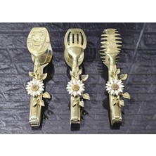 Atabey Home Gold Servis Maşa Seti 3'lü Beyaz Papatya Makarna/pasta/yemek/sunum Maşası Titanyum