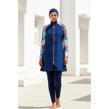 Marina Tesettür Mayo Tam Kapalı Lacivert Desen Detaylı Paraşüt Likralı 3’lü Set M2267