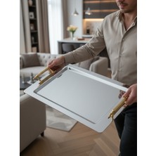 Airobazar 8 Kişilik Büyük Boy Gümüş Sunum Tepsisi - Altın Gold Kulplu Lüks Dikdörtgen Sunum Tepsisi