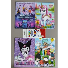 Ada Çanta Kırtasiye 4 Adet Stickerli Boyama Kitabı ve 12'li Glbx Kuru Boya Kalemi (KPOP/UNICORN/KUROMI/TOCABOCA)AN01