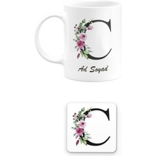 Remonz Kişiye Özel Baş Harf C Harfi ve Isim Yazılı Çiçek Tasarımlı Kupa Bardak ve Kare Bardak Altlığı Seti