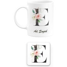 Remonz Kişiye Özel Baş Harf E Harfi ve Isim Yazılı Çiçek Tasarımlı Kupa Bardak ve Kare Bardak Altlığı Seti