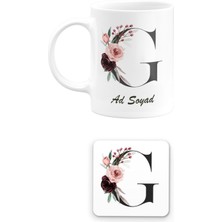 Remonz Kişiye Özel Baş Harf G Harfi ve Isim Yazılı Çiçek Tasarımlı Kupa Bardak ve Kare Bardak Altlığı Seti