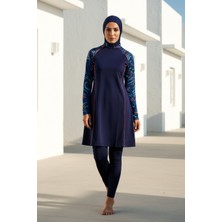 Marina Tesettür Mayo Tam Kapalı Lacivert Desenli Likralı 3’lü Set M2230