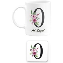 Remonz Kişiye Özel Baş Harf O Harfi ve Isim Yazılı Çiçek Tasarımlı Kupa Bardak ve Kare Bardak Altlığı Seti