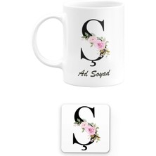 Remonz Kişiye Özel Baş Harf Ş Harfi ve Isim Yazılı Çiçek Tasarımlı Kupa Bardak ve Kare Bardak Altlığı Seti