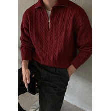 Tarz Cool Erkek Yarım Fermuarlı Bordo Saç Örgü Triko Kazak Yarım Balıkçı Yaka