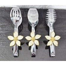 Atabey Home Gümüş Servis Maşa Seti 3'lü Gold Papatya Beyaz Makarna/pasta/yemek/sunum Maşası