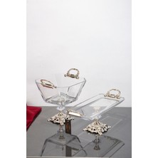 Atabey Home 2li Sıcak Soğuk Kulplu Servis Seti Gümüş Detaylı Metal Ayaklı Lüx Set 19X19X21 Kare ve 34X14X16