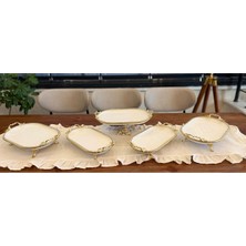 Atabey Home 5 Parça Oval Porselen Çeyiz Seti Döküm Çerçeveli-Ayaklı-Kulplu & Sunum Seti Gold & Sunum Kayık