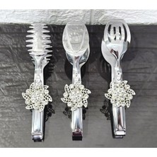 Atabey Home Gümüş Servis Maşa Seti 3'lü Gümüş Kristalize Makarna/pasta/yemek/sunum Maşası