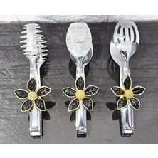 Atabey Home Gümüş Servis Maşa Seti 3'lü Gold Papatya Siyah Makarna/pasta/yemek/sunum Maşası